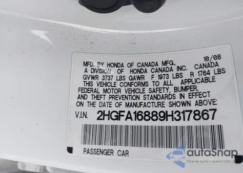 2009 Honda Civic Ex z USA, uszkodzony, nr VIN 2HGFA16889H317867